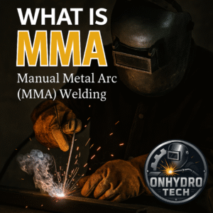 Welder performing Manual Metal Arc (MMA) stick welding with a flux-coated electrode, producing strong welds with visible arc and sparks