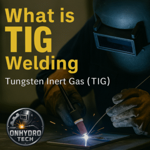 Welder performing Tungsten Inert Gas (TIG) welding with protective gear, using a torch and filler rod to create precise, clean welds on metal